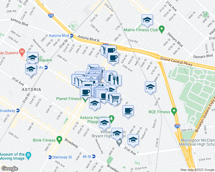 map of restaurants, bars, coffee shops, grocery stores, and more near 42nd St & 28th Ave in Queens