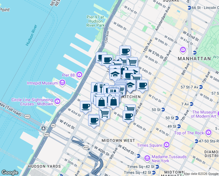 map of restaurants, bars, coffee shops, grocery stores, and more near 536 West 49th Street in New York