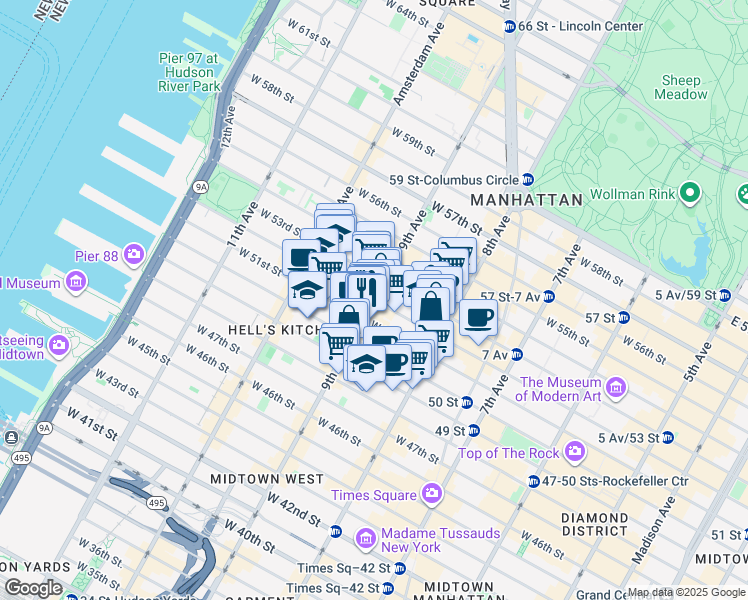 map of restaurants, bars, coffee shops, grocery stores, and more near 9th Ave & W 52nd St in New York