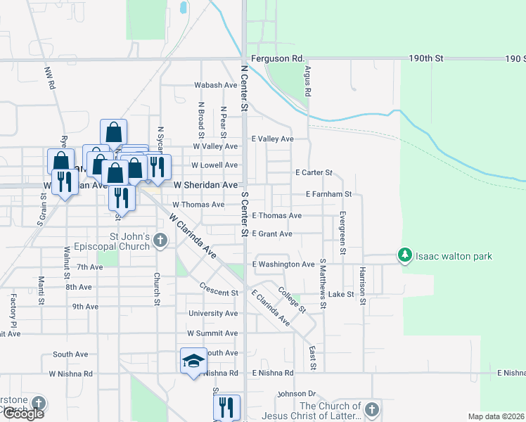 map of restaurants, bars, coffee shops, grocery stores, and more near 101-151 East Grant Avenue in Shenandoah