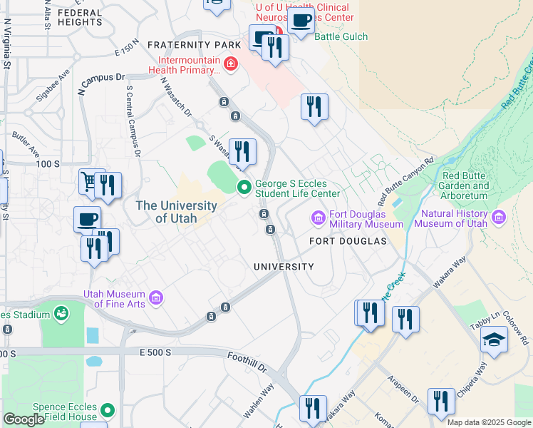 map of restaurants, bars, coffee shops, grocery stores, and more near 250 Mario Capecchi Drive in Salt Lake City