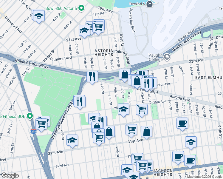 map of restaurants, bars, coffee shops, grocery stores, and more near 24-18 79th Street in Queens