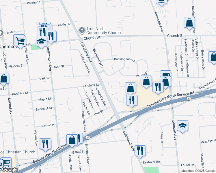 map of restaurants, bars, coffee shops, grocery stores, and more near 15 Westgate Drive in Bohemia