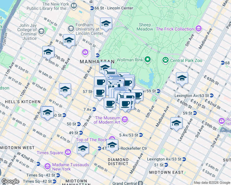 map of restaurants, bars, coffee shops, grocery stores, and more near 140 West 57th Street in New York