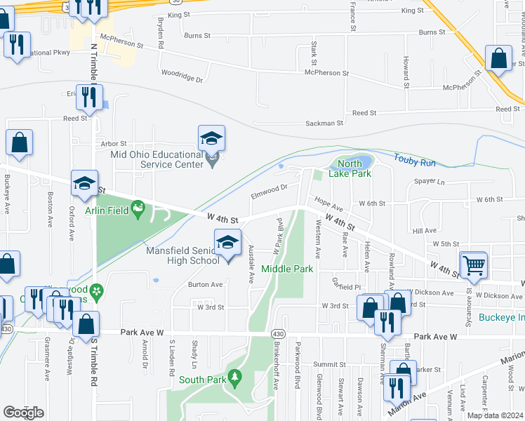 map of restaurants, bars, coffee shops, grocery stores, and more near 746 West 4th Street in Mansfield