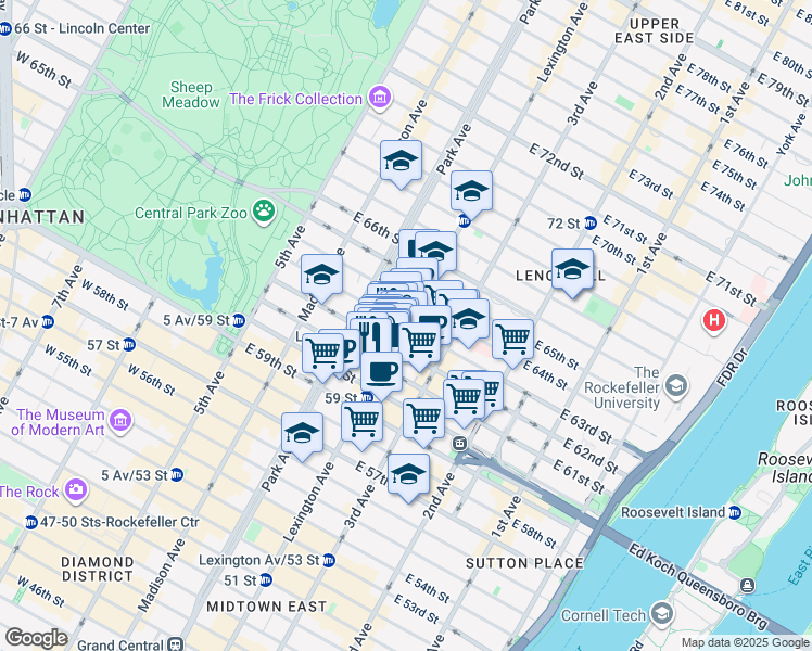 map of restaurants, bars, coffee shops, grocery stores, and more near 137 East 63rd Street in New York