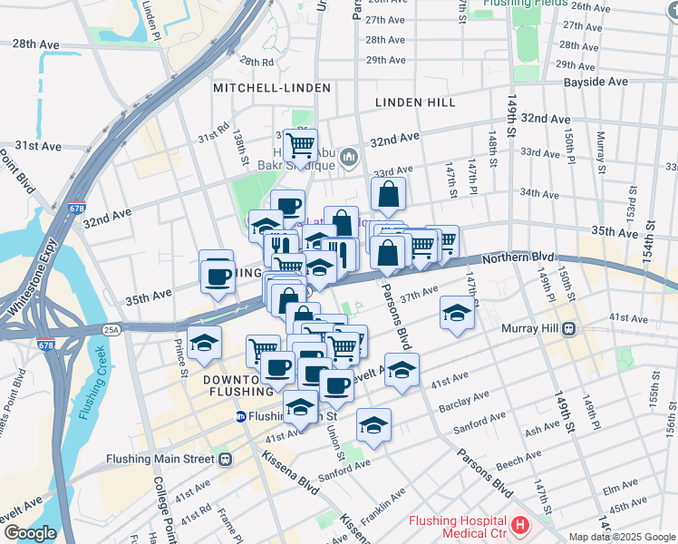 map of restaurants, bars, coffee shops, grocery stores, and more near 3611 Bowne Street in Queens