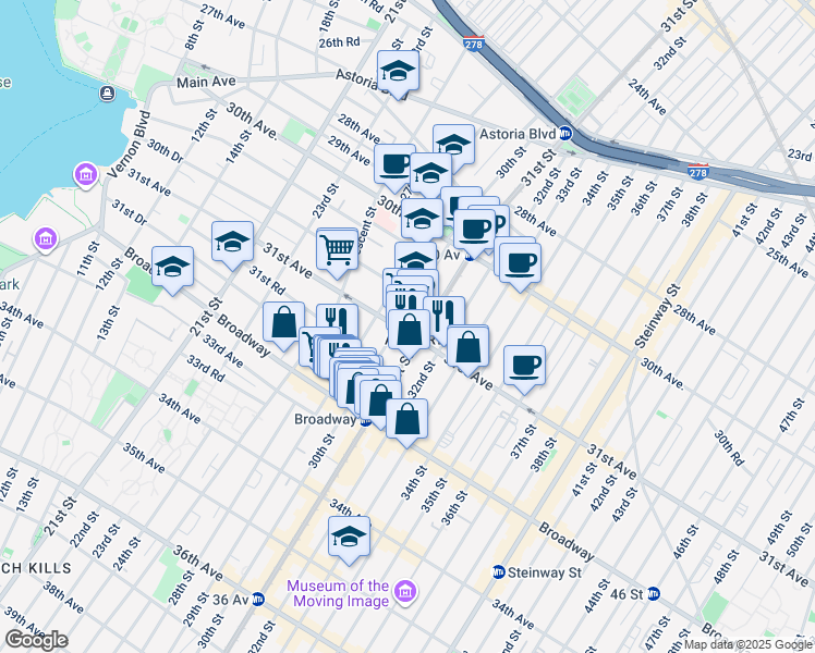 map of restaurants, bars, coffee shops, grocery stores, and more near 31-19 30th Street in Queens