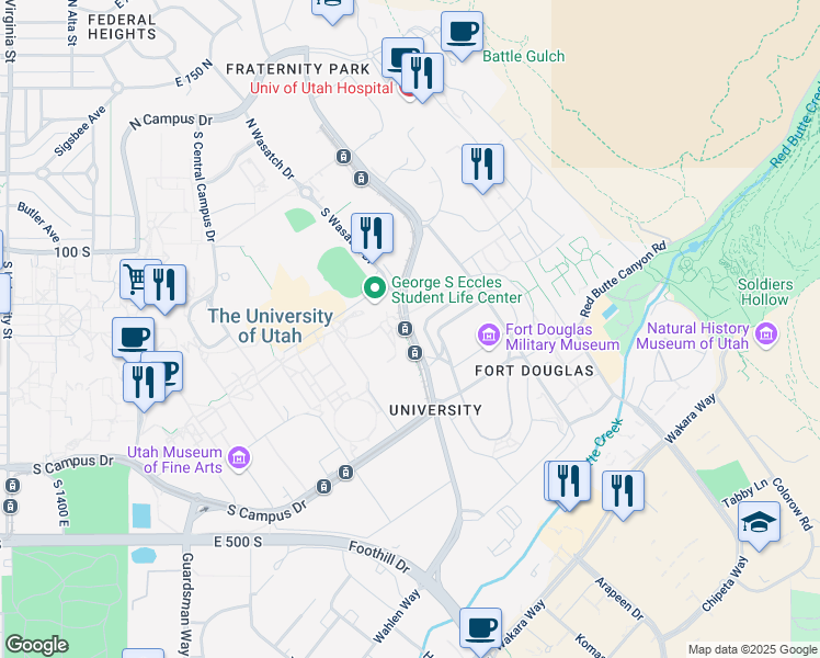 map of restaurants, bars, coffee shops, grocery stores, and more near 250 Mario Capecchi Drive in Salt Lake City