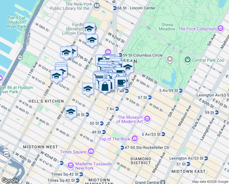 map of restaurants, bars, coffee shops, grocery stores, and more near Broadway & W 55th St in New York