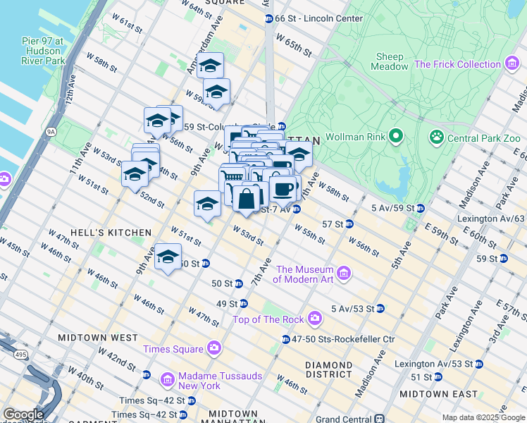 map of restaurants, bars, coffee shops, grocery stores, and more near 235 West 55th Street in New York