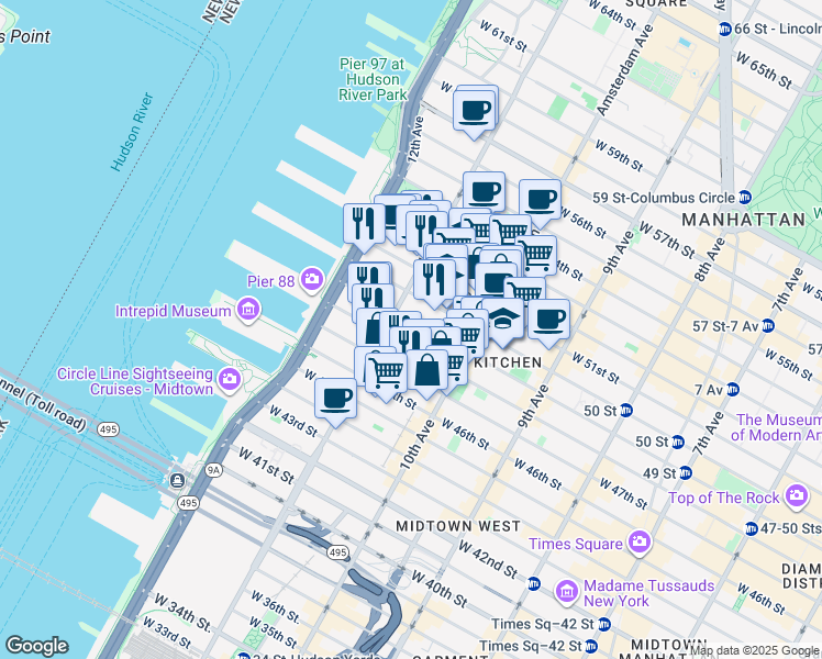 map of restaurants, bars, coffee shops, grocery stores, and more near in New York