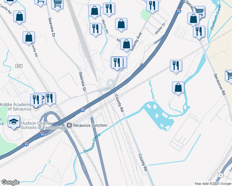 map of restaurants, bars, coffee shops, grocery stores, and more near 152 County Avenue in Secaucus