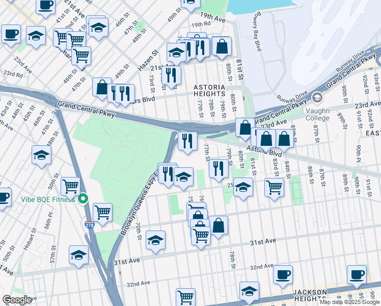 map of restaurants, bars, coffee shops, grocery stores, and more near 7502 Astoria Boulevard South in Queens