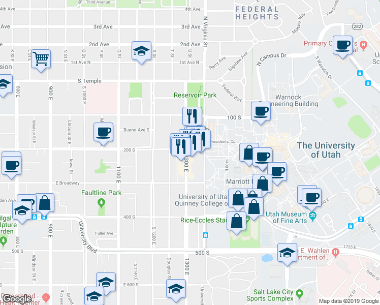 map of restaurants, bars, coffee shops, grocery stores, and more near 201 South 1300 East in Salt Lake City