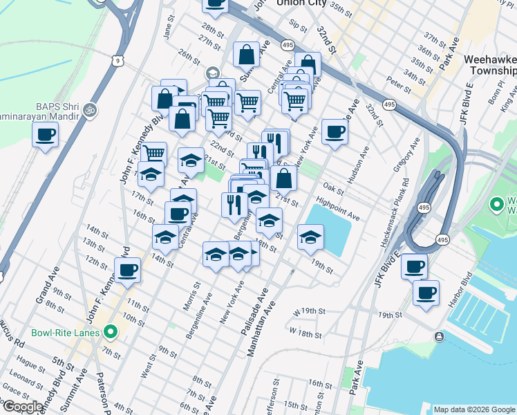 map of restaurants, bars, coffee shops, grocery stores, and more near 2025 Bergenline Avenue in Union City