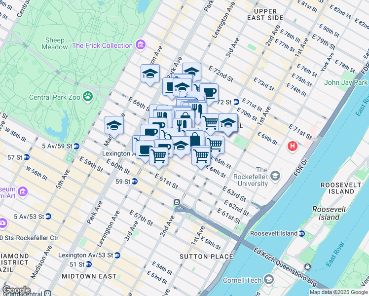 map of restaurants, bars, coffee shops, grocery stores, and more near 200-210 East 65th Street in New York