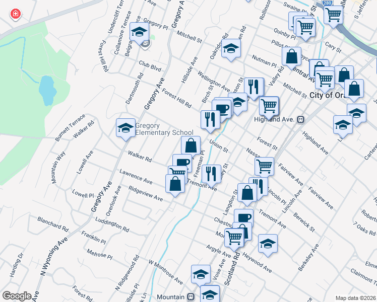 map of restaurants, bars, coffee shops, grocery stores, and more near 10 Orange Heights Avenue in West Orange