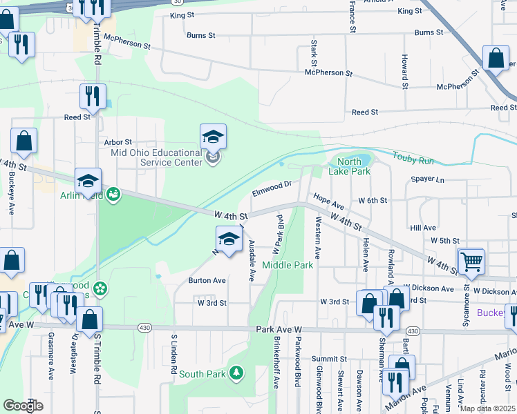 map of restaurants, bars, coffee shops, grocery stores, and more near 750 West 4th Street in Mansfield