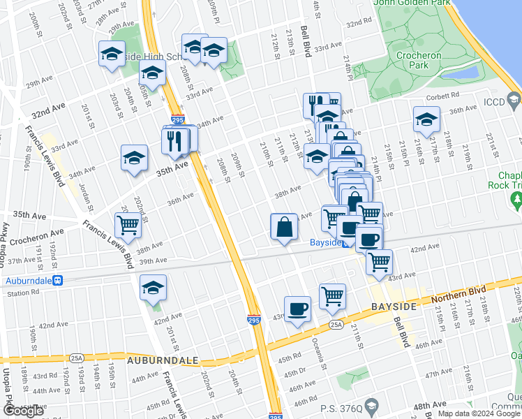 map of restaurants, bars, coffee shops, grocery stores, and more near 38-09 209th Street in Queens