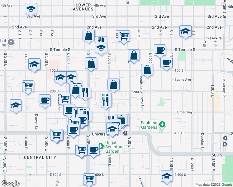 map of restaurants, bars, coffee shops, grocery stores, and more near 165 Dooley Court East in Salt Lake City
