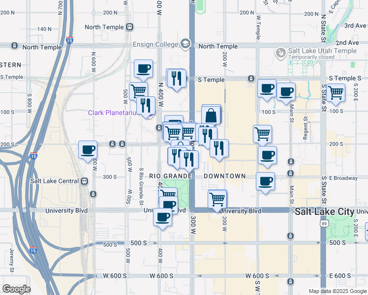 map of restaurants, bars, coffee shops, grocery stores, and more near 316 West 200 South in Salt Lake City
