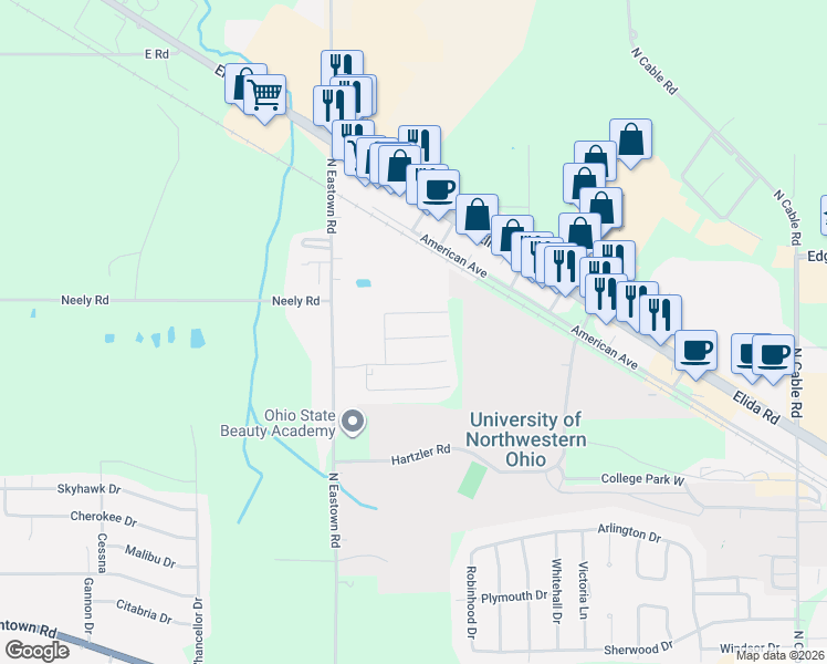 map of restaurants, bars, coffee shops, grocery stores, and more near 1-275 Deer Run in Lima