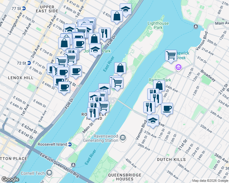 map of restaurants, bars, coffee shops, grocery stores, and more near 590 Main Street in New York