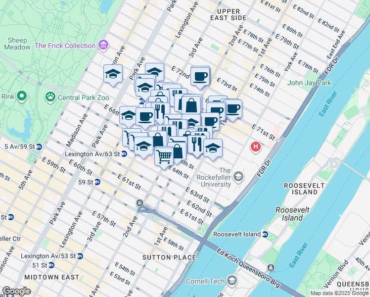 map of restaurants, bars, coffee shops, grocery stores, and more near 333 East 66th Street in New York