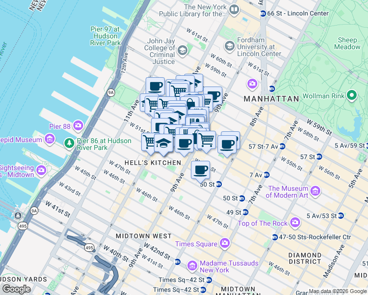 map of restaurants, bars, coffee shops, grocery stores, and more near 416 West 52nd Street in New York