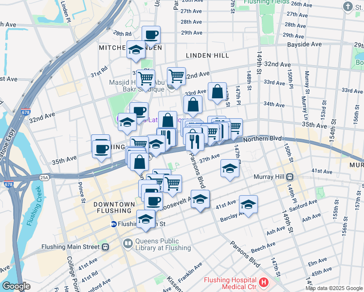map of restaurants, bars, coffee shops, grocery stores, and more near 141-47 Northern Boulevard in Queens