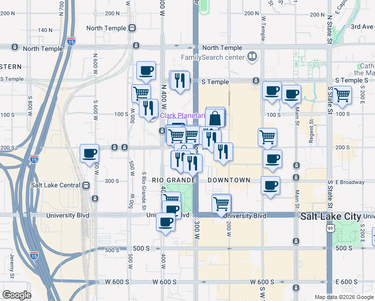 map of restaurants, bars, coffee shops, grocery stores, and more near 316 West 200 South in Salt Lake City