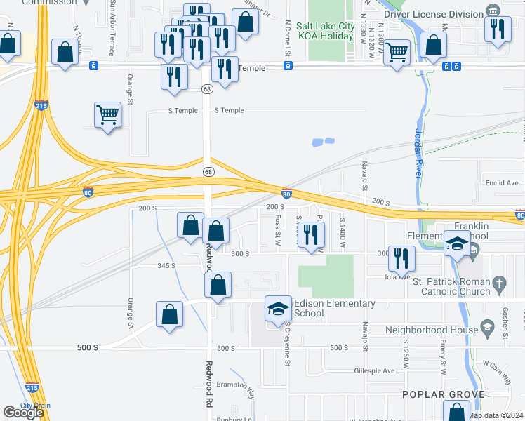 map of restaurants, bars, coffee shops, grocery stores, and more near 1602 West 200 South in Salt Lake City