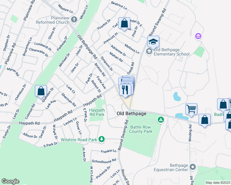 map of restaurants, bars, coffee shops, grocery stores, and more near 282 Haypath Road in Old Bethpage