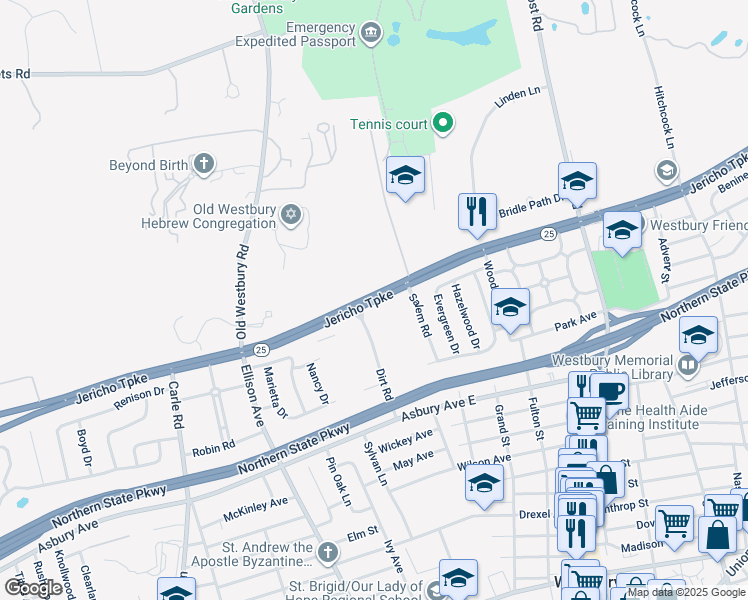map of restaurants, bars, coffee shops, grocery stores, and more near 199 Jericho Turnpike in Old Westbury