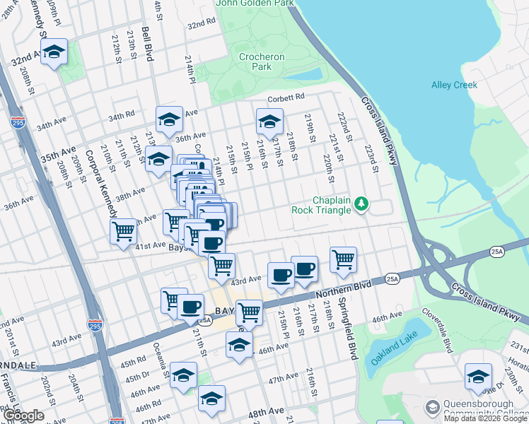 map of restaurants, bars, coffee shops, grocery stores, and more near 39-22 216th Street in Queens