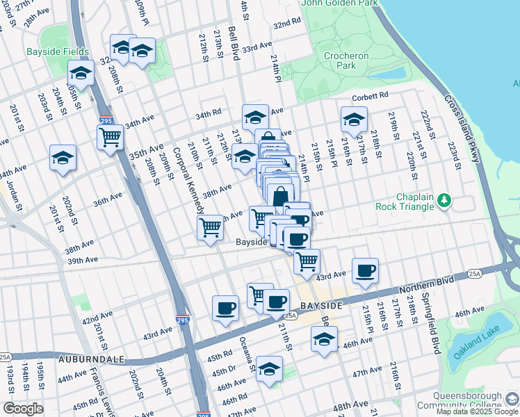 map of restaurants, bars, coffee shops, grocery stores, and more near 38-36 213th Street in Queens