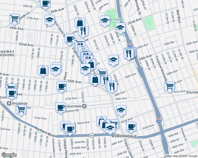 map of restaurants, bars, coffee shops, grocery stores, and more near 34-31 Jordan Street in Queens
