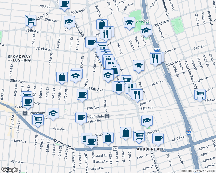 map of restaurants, bars, coffee shops, grocery stores, and more near 199- 2 34th Avenue in Queens