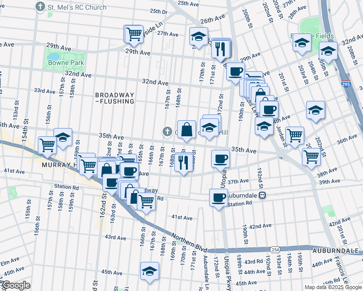 map of restaurants, bars, coffee shops, grocery stores, and more near 33-68 169th Street in Queens