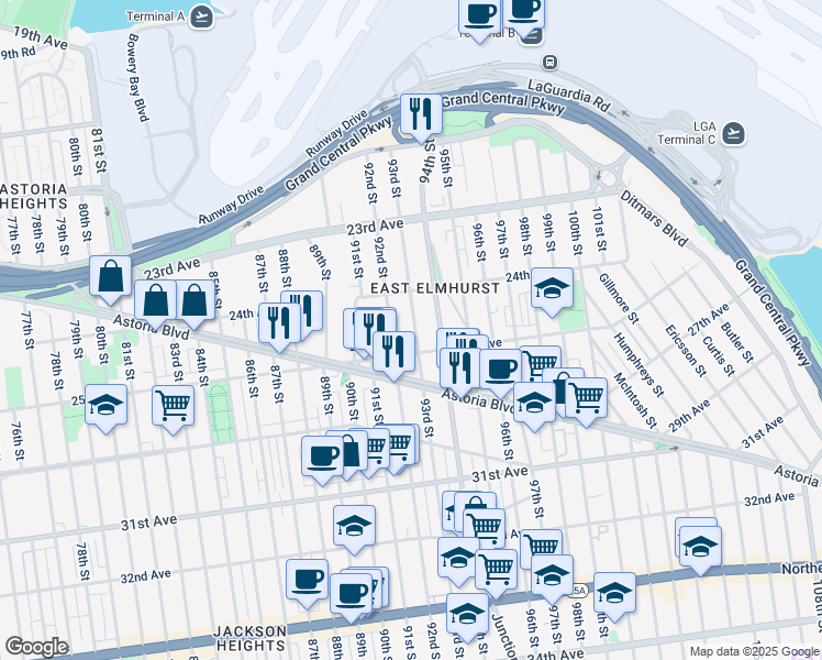 map of restaurants, bars, coffee shops, grocery stores, and more near in Queens