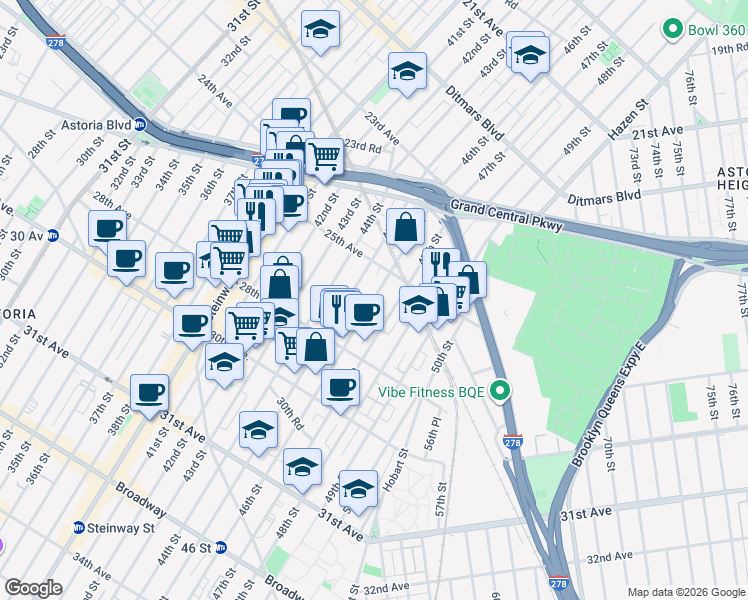 map of restaurants, bars, coffee shops, grocery stores, and more near 25-19 45th Street in Queens