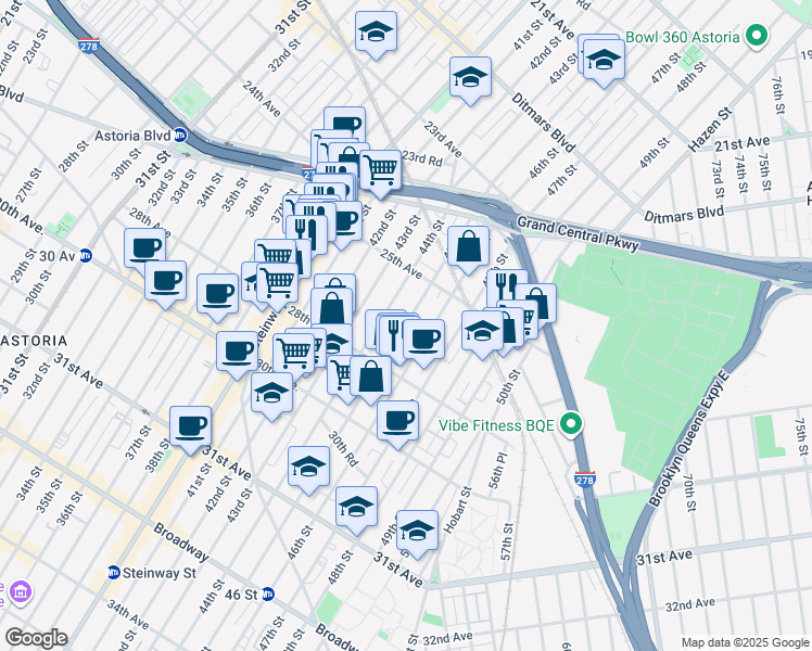 map of restaurants, bars, coffee shops, grocery stores, and more near 25-19 45th Street in Queens