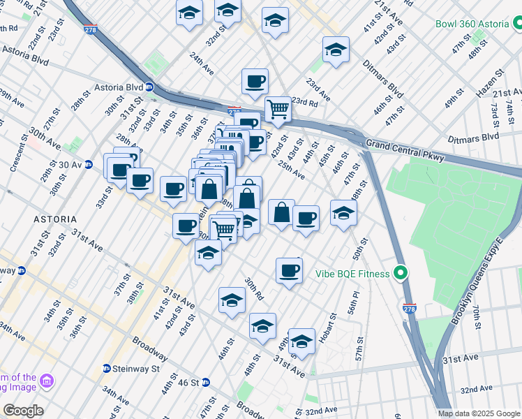 map of restaurants, bars, coffee shops, grocery stores, and more near 25-63 42nd Street in Queens