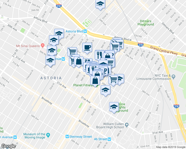 map of restaurants, bars, coffee shops, grocery stores, and more near 28-21 37th Street in Queens