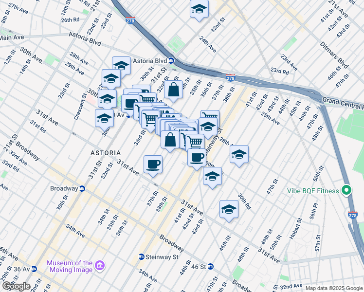 map of restaurants, bars, coffee shops, grocery stores, and more near 28-51 36th Street in Queens