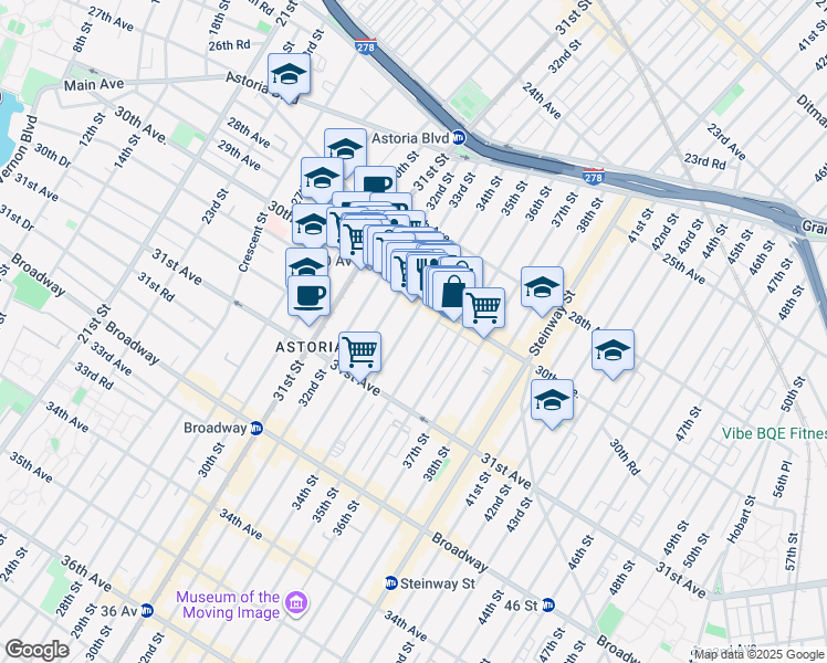 map of restaurants, bars, coffee shops, grocery stores, and more near 30-14 33rd Street in Queens