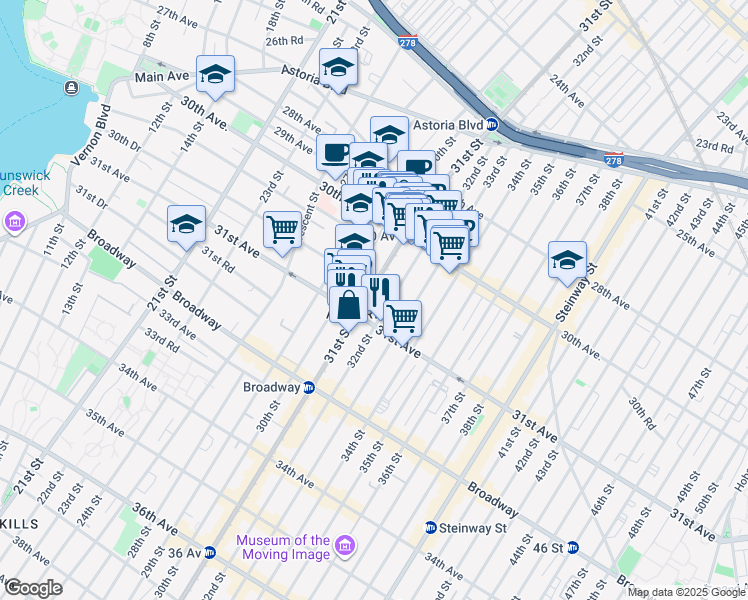 map of restaurants, bars, coffee shops, grocery stores, and more near 30-11 30th Drive in Queens