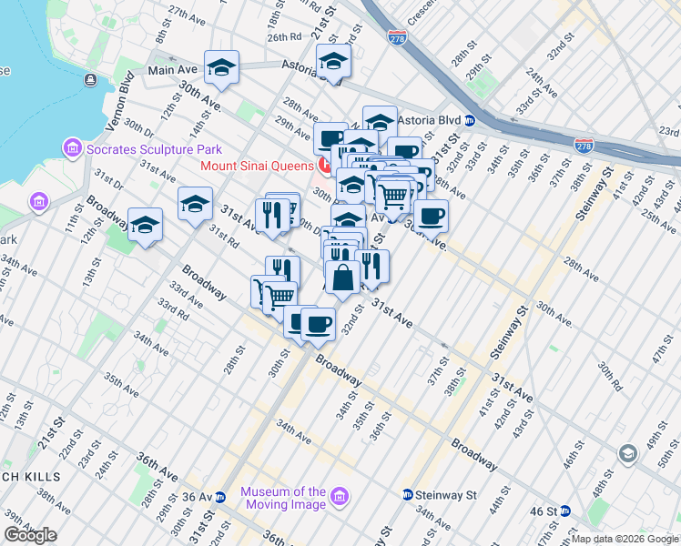 map of restaurants, bars, coffee shops, grocery stores, and more near 30-83 29th Street in Queens