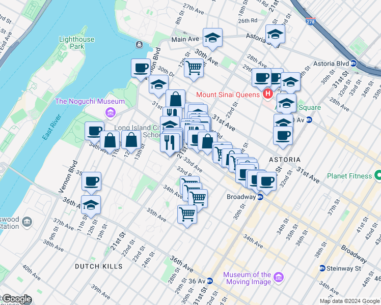 map of restaurants, bars, coffee shops, grocery stores, and more near 14-47 Broadway in Queens